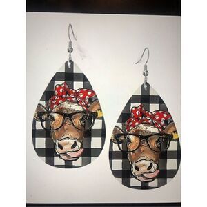 Cow Earrings Buffalo Plaid teardrop